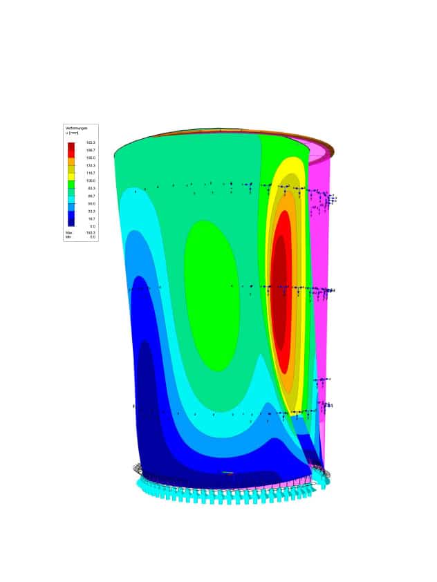 Szenografie, Umnutzung und Upcycling von KGRUPPE Architekten Basel - Simulation einer Verformung eines zylindrischen Behälters mit farblicher Darstellung der Verformungsgrössen und Skala.