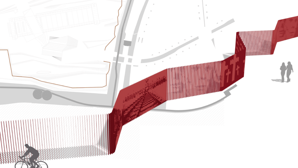 Neubau, Szenografie und Wettbewerb von KGRUPPE Architekten Basel - Illustration eines Radfahrers und zweier Fussgänger neben einer gewundenen Installation aus roten Stangen, die kreuzartige Muster formen.