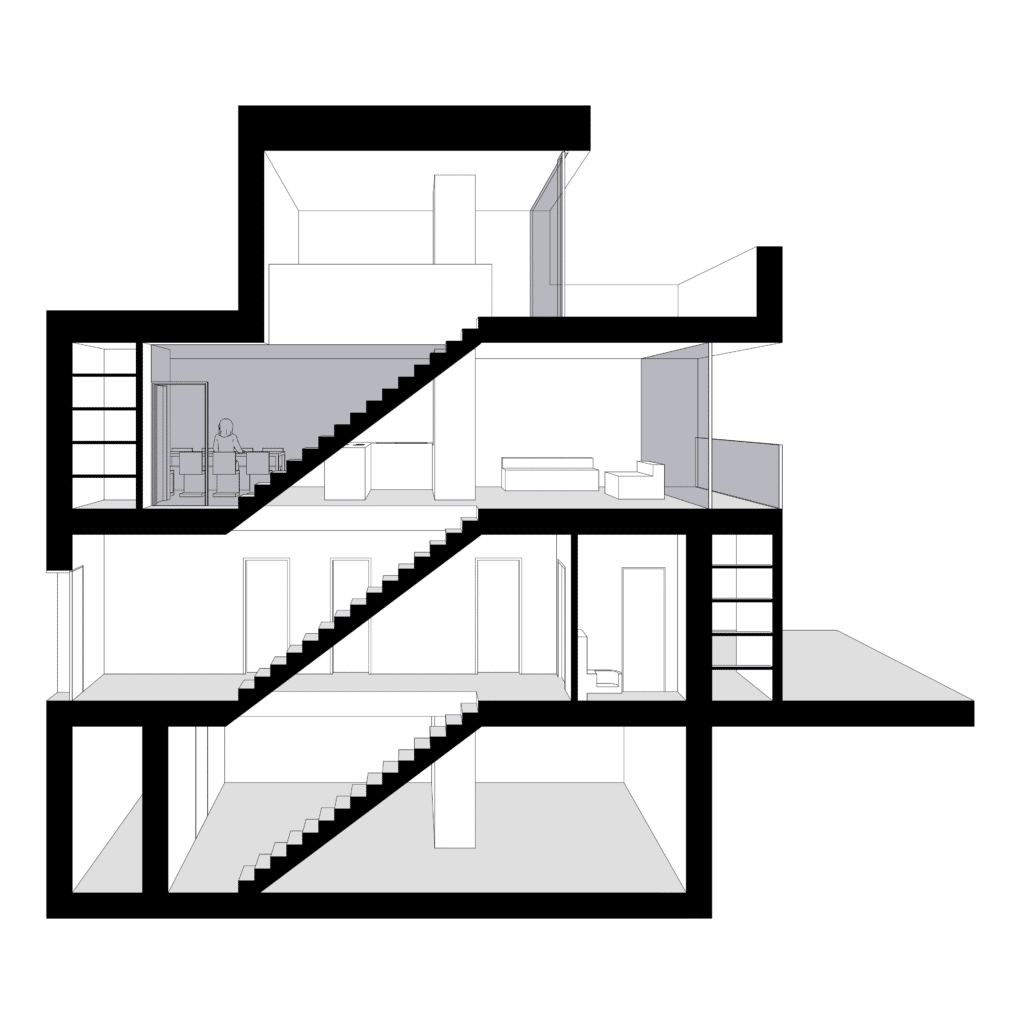 von KGRUPPE Architekten Basel - Querschnitt eines vierstöckigen Gebäudes mit Treppen und verschiedenen Räumen.