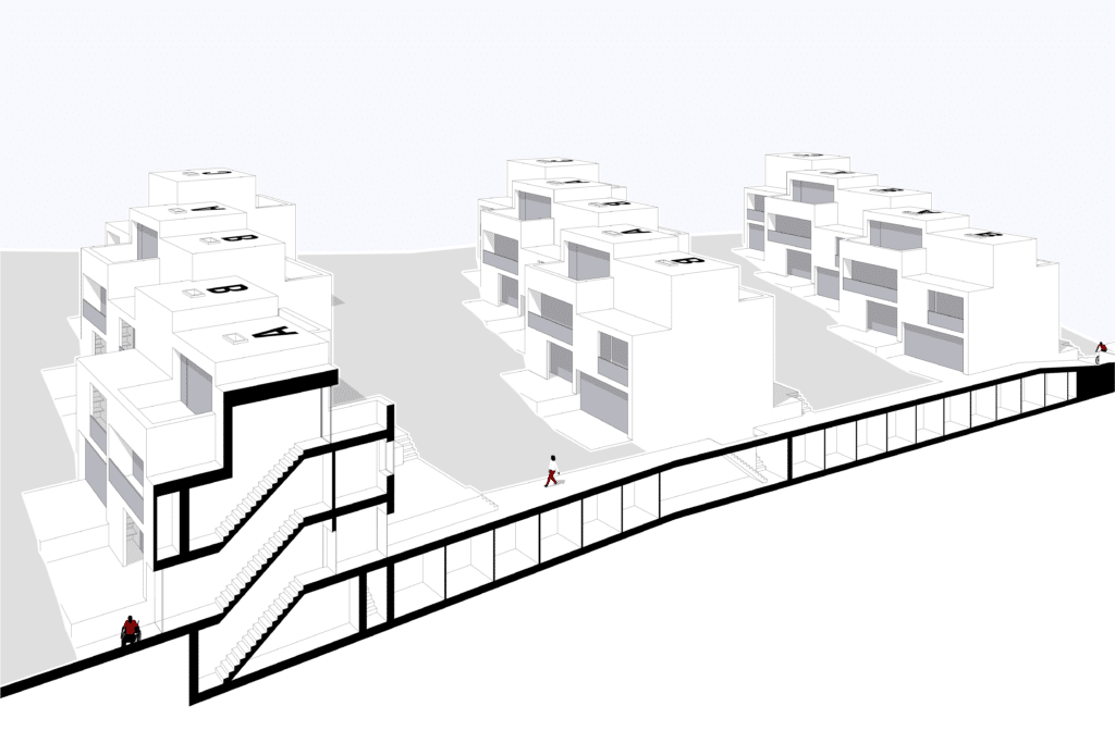 von KGRUPPE Architekten Basel - Architektonische Zeichnung mehrerer Wohngebäude in minimalistischer Darstellung mit prominent hervorgehobenen Treppenhäusern und Gehwegen.