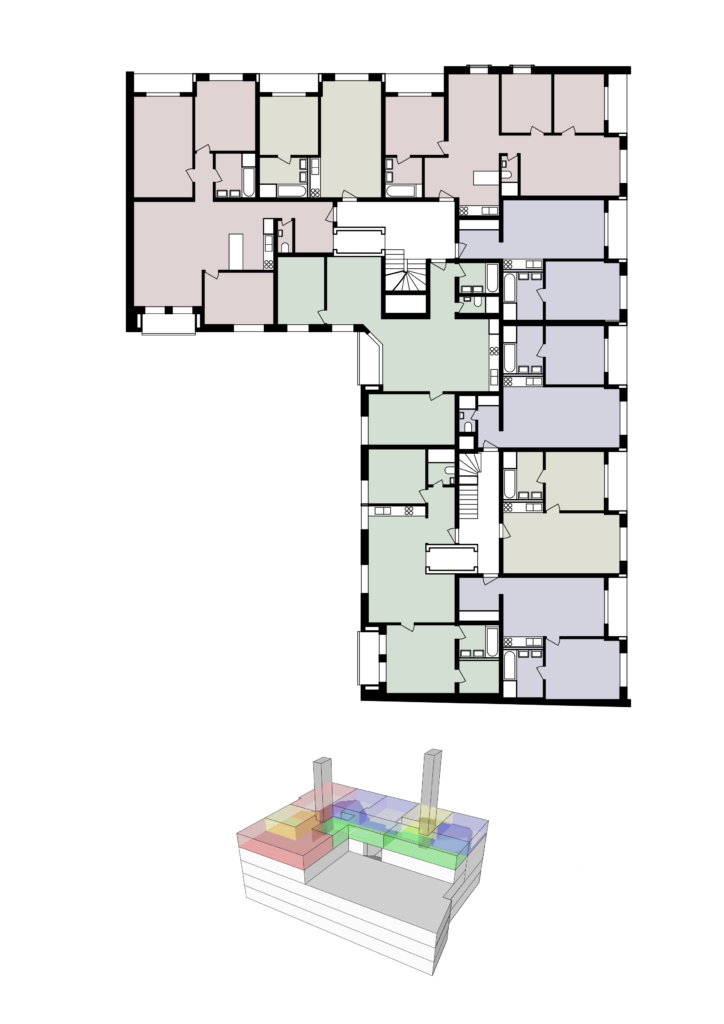 Neubau, Studie, Umbau und Umnutzung von KGRUPPE Architekten Basel - Grundriss eines mehrgeschossigen Gebäudes mit mehreren Wohnungen und einem 3D-Modell des Aufbaus darunter.