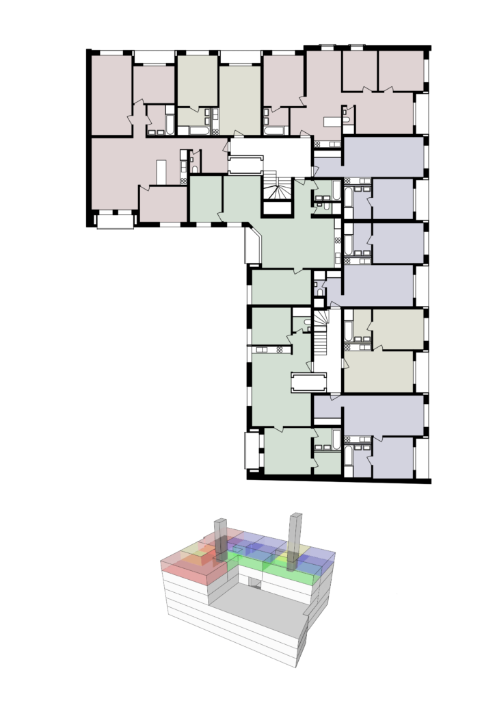 Neubau, Studie, Umbau und Umnutzung von KGRUPPE Architekten Basel - Grundriss eines Mehrfamilienhauses mit unterschiedlich gefärbten Wohneinheiten und 3D-Modell des Gebäudes.