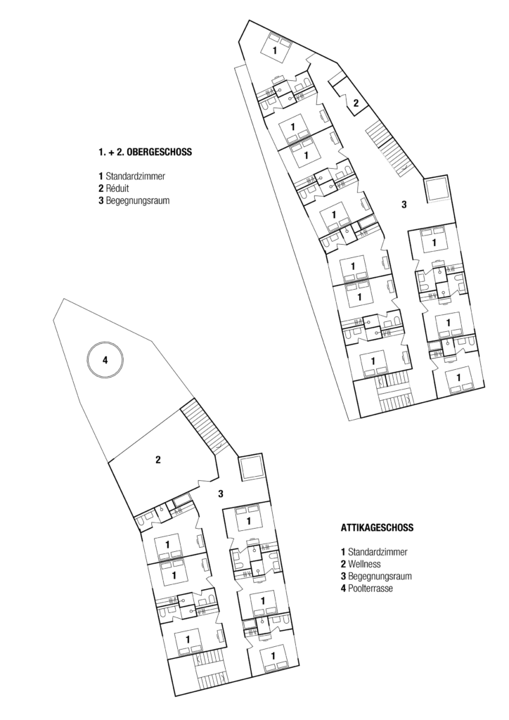 Neubau, Studie und Wettbewerb von KGRUPPE Architekten Basel - Grundriss eines Gebäudes mit Beschriftung: 1. und 2. Obergeschoss zeigen Standardzimmer (1), Réduit (2) und Begegnungsraum (3); Attikageschoss zeigt Standardzimmer (1), Wellness (2), Begegnungsraum (3) und Poolterrasse (4).