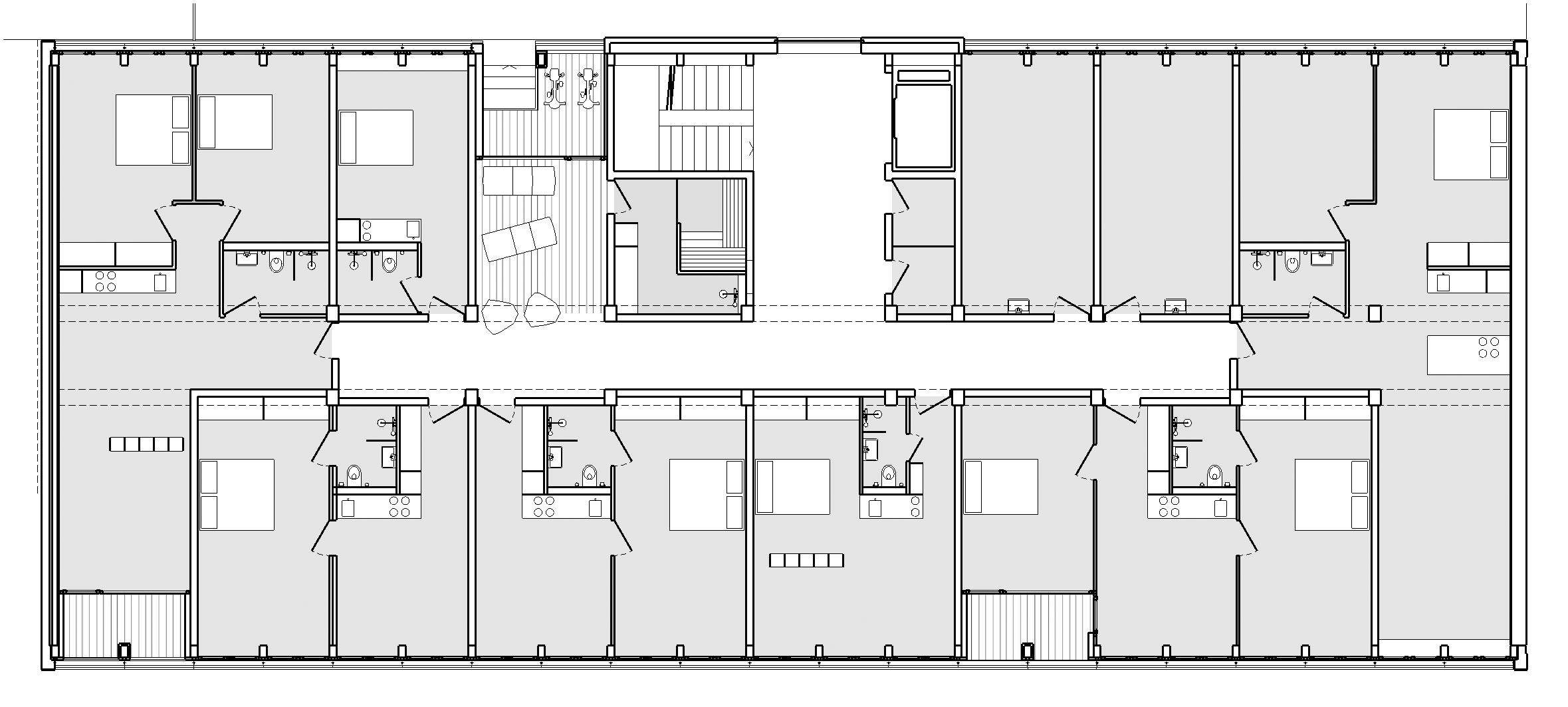  von KGRUPPE Architekten Basel - Wohnungsgrundriss mit mehreren identischen Einheiten, jeweils mit Schlafzimmer, Badezimmer und Wohnraum, durch Flur verbunden.