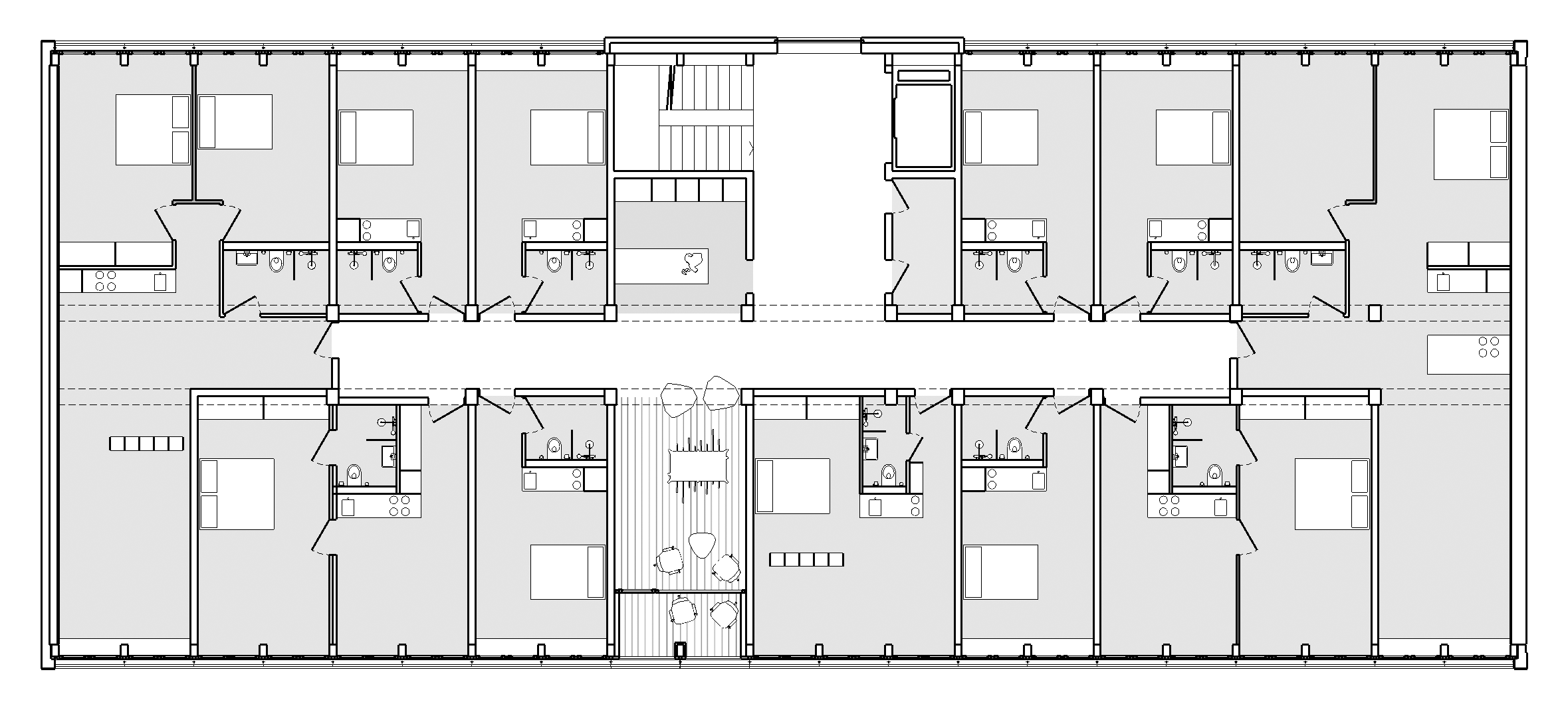  von KGRUPPE Architekten Basel - Grundriss eines Wohnhauses mit mehreren Schlafzimmern, Badezimmern und Gemeinschaftsbereichen.