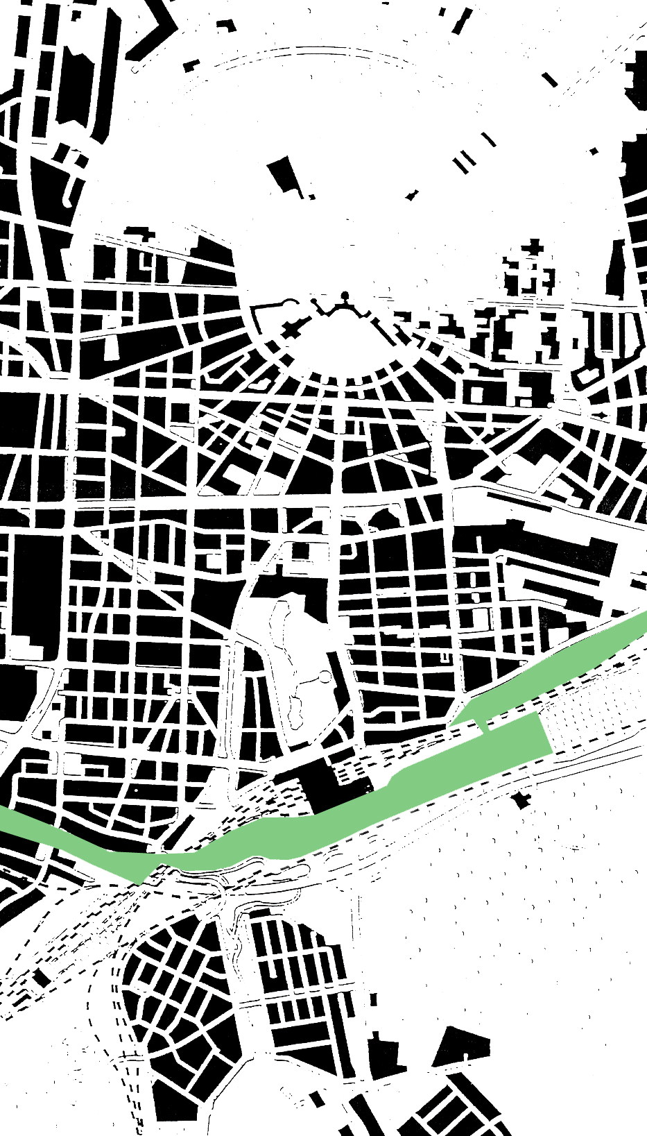 Stadtplan-Darstellung mit schwarz-weissem Strassen- und Gebäude-Netzwerk und grün markiertem Fluss.