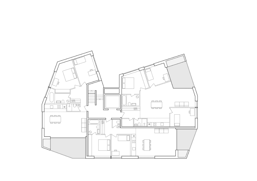  von KGRUPPE Architekten Basel - Grundriss einer Wohnung mit mehreren Zimmern, darunter Schlafzimmer, Badezimmer, Küche und Wohnzimmer.