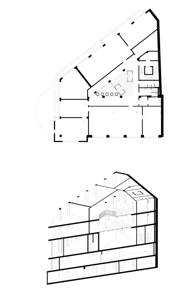 von KGRUPPE Architekten Basel - Grundriss und Schnitt einer mehrstöckigen Gebäudestruktur mit verschiedenen Räumen und Möblierung.