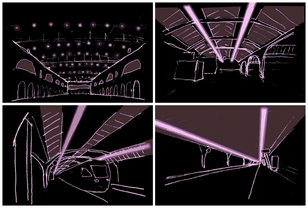 von KGRUPPE Architekten Basel - Abstrakte Zeichnungen eines modernen Bahnhofs mit lila Beleuchtung in verschiedenen Perspektiven.