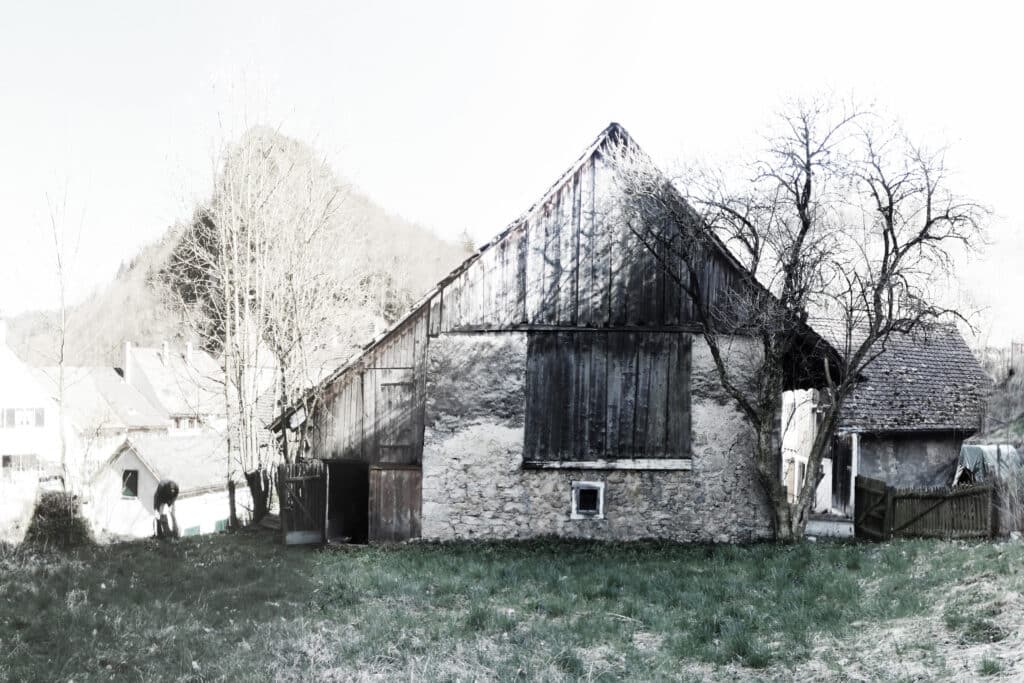 Neubau, Umbau und Umnutzung von KGRUPPE Architekten Basel - Steinaltes Gebäude mit Holzverkleidung, umgeben von kahlen Bäumen und Gras, im Hintergrund Berge und andere Häuser.