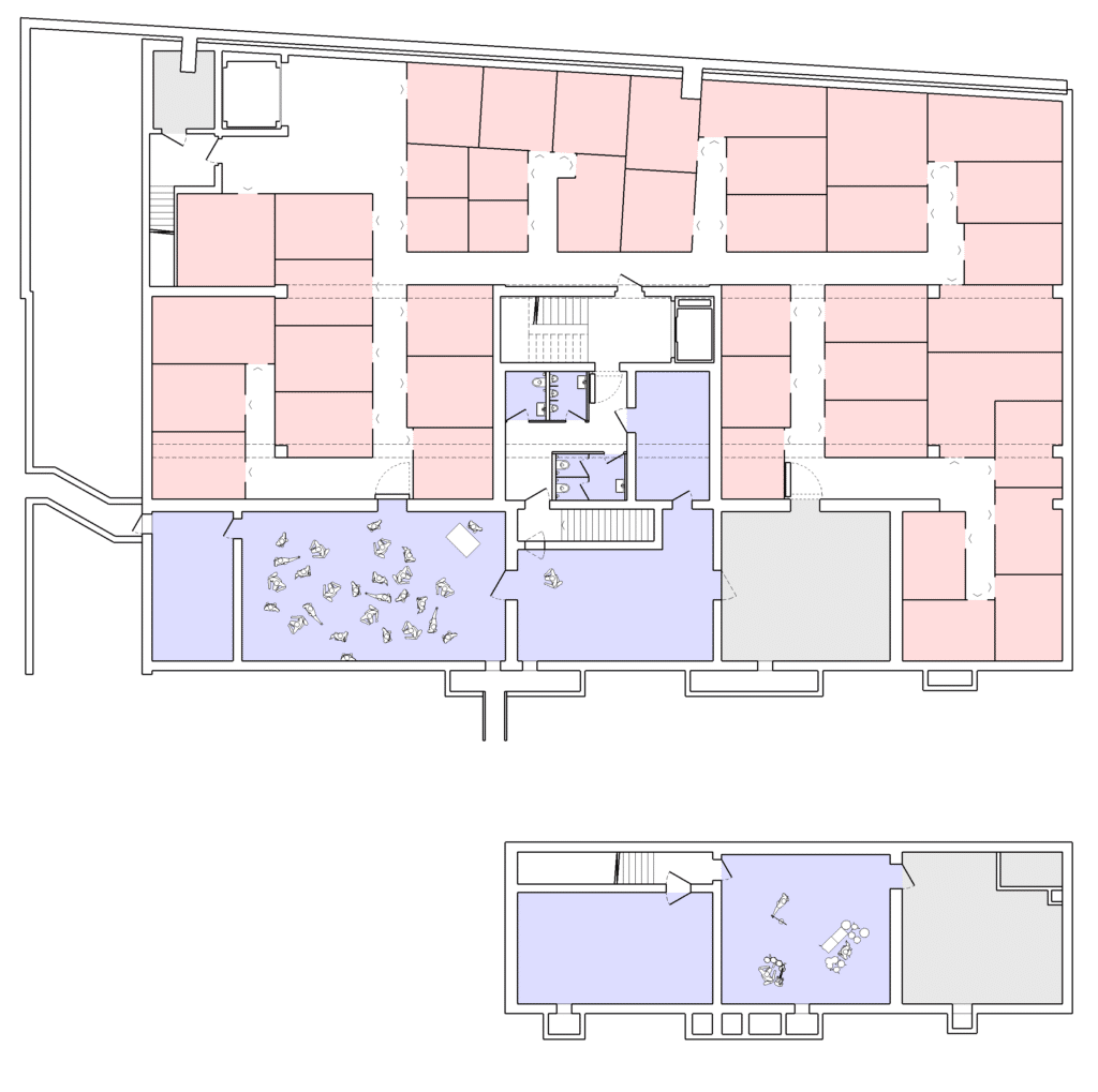 von KGRUPPE Architekten Basel - Grundriss eines Gebäudes mit mehreren Räumen, teilweise in Rosa und Violett dargestellt, sowie Möbelanordnungen und Treppenhäusern.