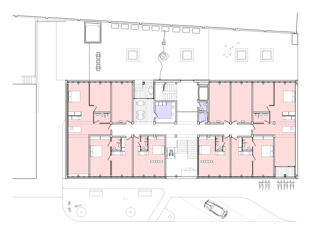 von KGRUPPE Architekten Basel - Grundriss eines Gebäudes mit zehn Wohnungen, sechs rechts, vier links, in je zwei Reihen angeordnet; ein Eingang oben und drei Eingänge unten; jede Wohnung hat ein Schlafzimmer, ein Badezimmer, eine Küche und einen Wohnbereich.