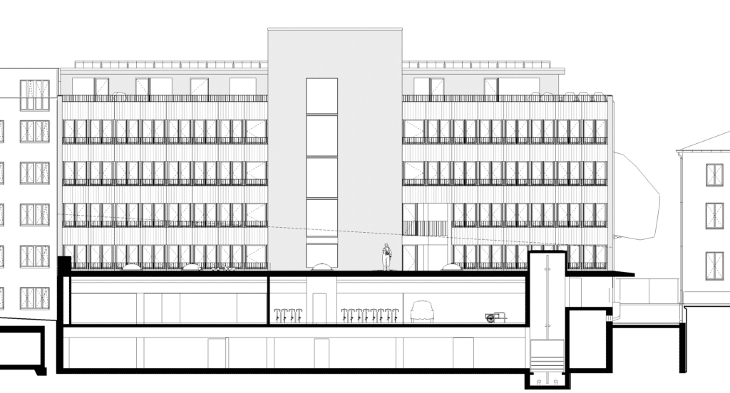 von KGRUPPE Architekten Basel - Querschnitt eines mehrstöckigen Gebäudes mit einer zentralen Treppenhaus- und Aufzugsstruktur, Balkonen und Fenstern auf jeder Etage. Darunter befinden sich Kellergeschosse mit Abstellräumen und Fahrradbügeln.