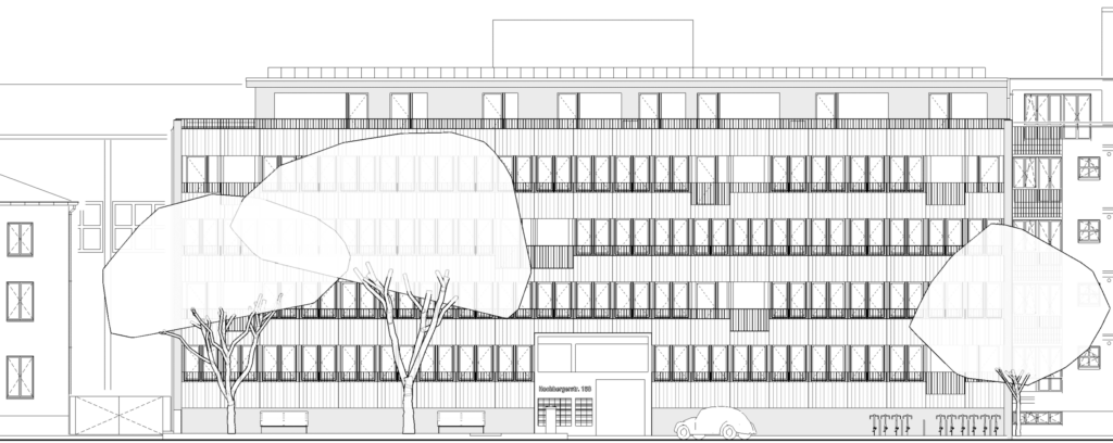 von KGRUPPE Architekten Basel - Architektonische Zeichnung eines fünfstöckigen Gebäudes mit zahlreichen Fenstern in der Fassadenansicht, vorne mit Bäumen, Fahrzeugen und dem Eingang "Hochbergerstr. 158".