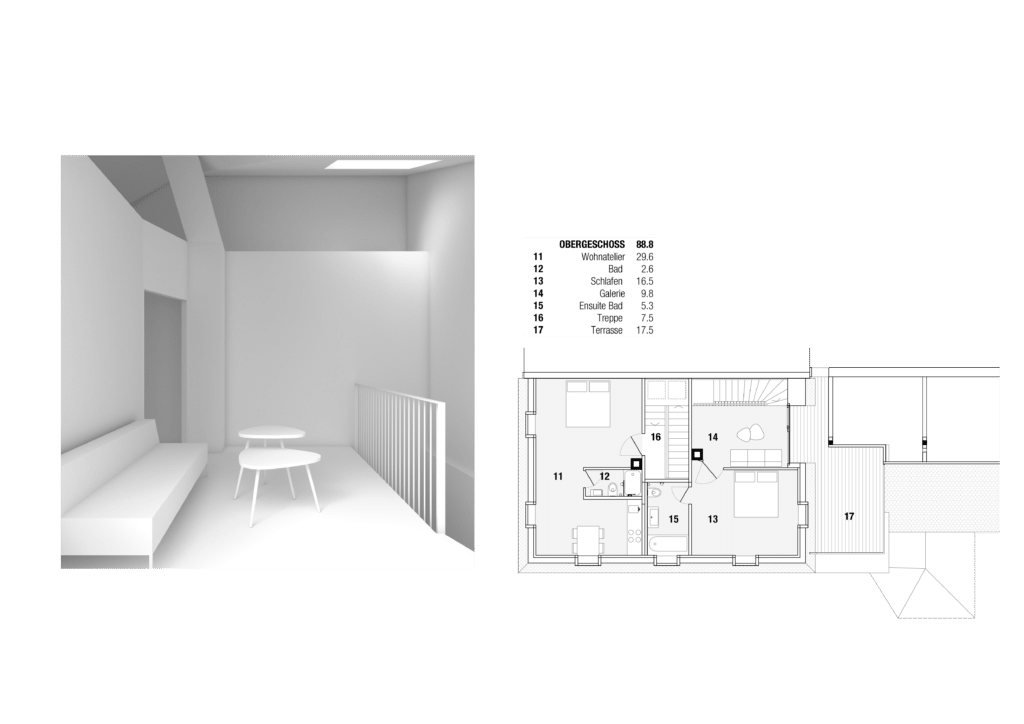  von KGRUPPE Architekten Basel - Grundriss des Obergeschosses mit einem 3D-Raum Rendering. Raumaufteilung: Wohnatelier, Bad, Schlafen, Galerie, Ensuite Bad, Treppe, Terrasse.