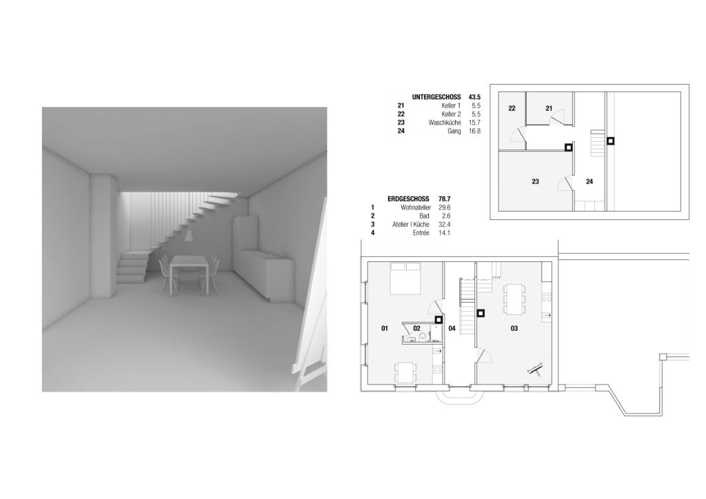  von KGRUPPE Architekten Basel - Grundriss eines zweistöckigen Wohnhauses mit einem 3D-Modell eines Raumes. Das Untergeschoss hat Keller, Waschküche und Flur. Das Erdgeschoss umfasst Wohnatelier, Bad, Atelier/Küche und Entrée.