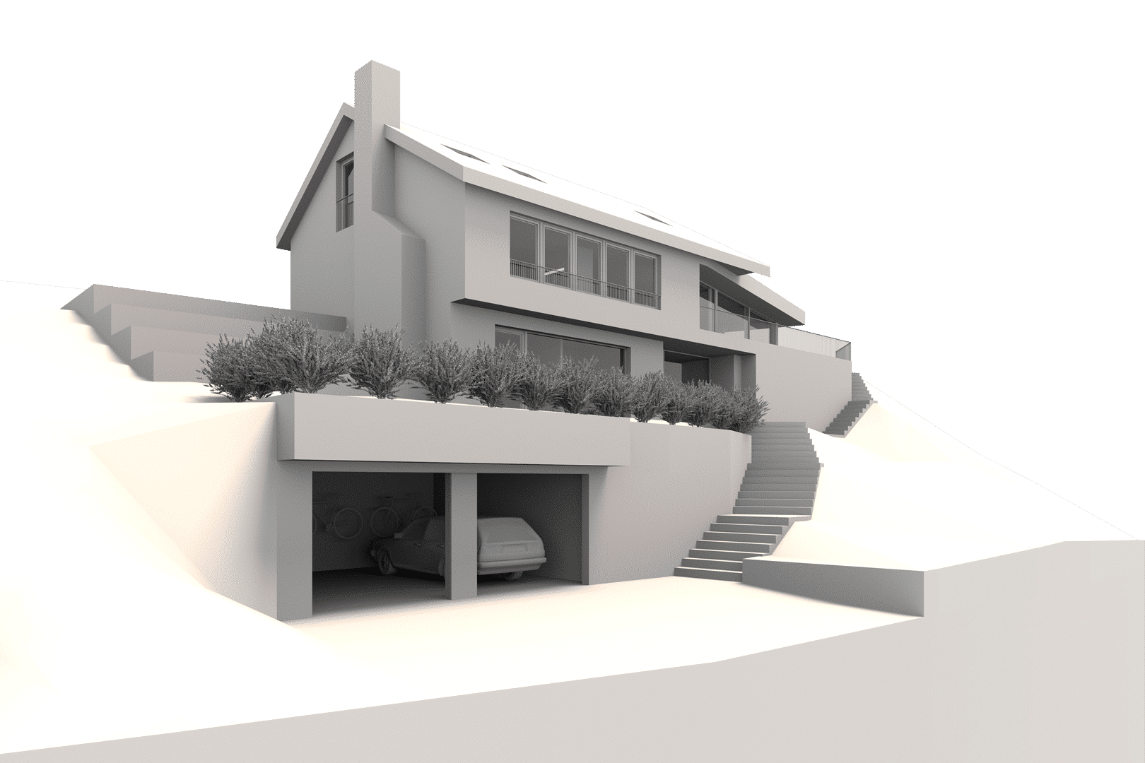 3D-Rendering eines modernen Hauses auf einem abfallenden Grundstück mit Treppen und einer Garage im unteren Bereich.