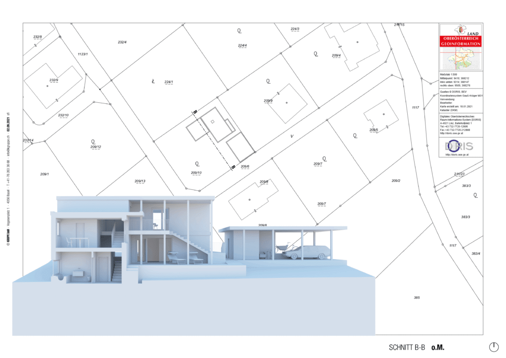 von KGRUPPE Architekten Basel - Architektonischer Querschnitt eines zweistöckigen Hauses mit Umgebungskarte im Hintergrund.