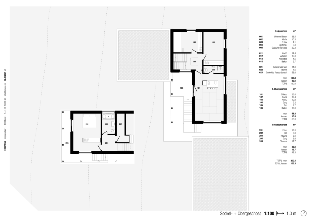 von KGRUPPE Architekten Basel - Architektonischer Grundriss eines Hauses mit Sockelgeschoss, Erdgeschoss und Obergeschoss. Räume, Flächenangaben und Raumbezeichnungen sind angegeben.