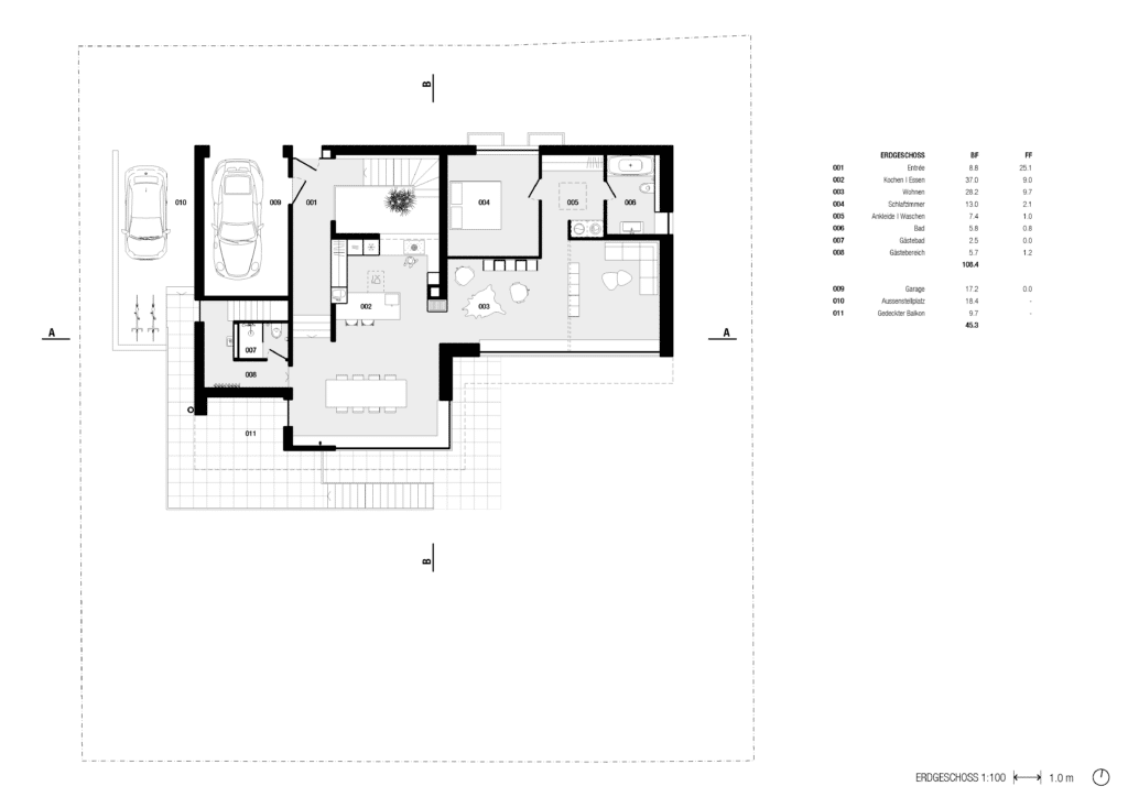 Umbau und Umnutzung von KGRUPPE Architekten Basel - Erdgeschoss Grundriss eines Hauses mit Garage, Carport und gedecktem Balkon. Die Räume umfassen einen Vorraum, eine Küche/Esszimmer, ein Wohnzimmer, ein Schlafzimmer, eine Ankleide/Wäscherei, ein Badezimmer und ein Gästezimmer mit Gästebad. Entlang des Plans befinden sich Beschriftungen der einzelnen Räume und ihrer Grössenangaben.