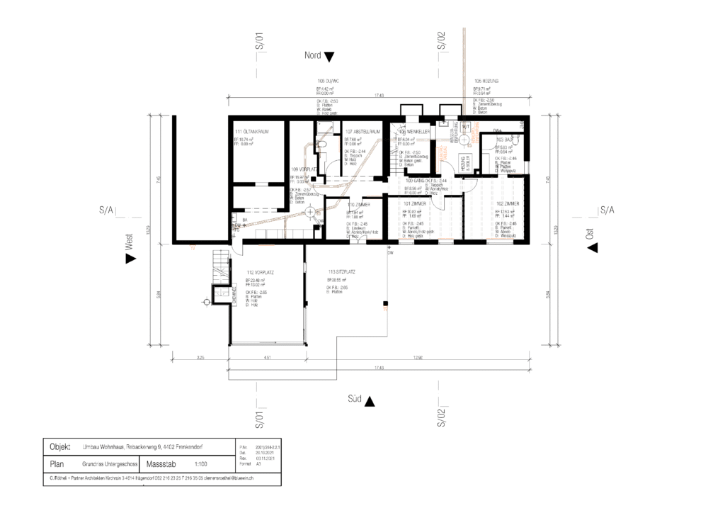 Umbau und Umnutzung von KGRUPPE Architekten Basel - Grundriss des Untergeschosses eines Wohnhauses mit verschiedenen Räumen wie Öltankraum, Heizraum, Waschküche, Bad, Zimmern und Vorplatz, massstabgetreu gezeichnet.